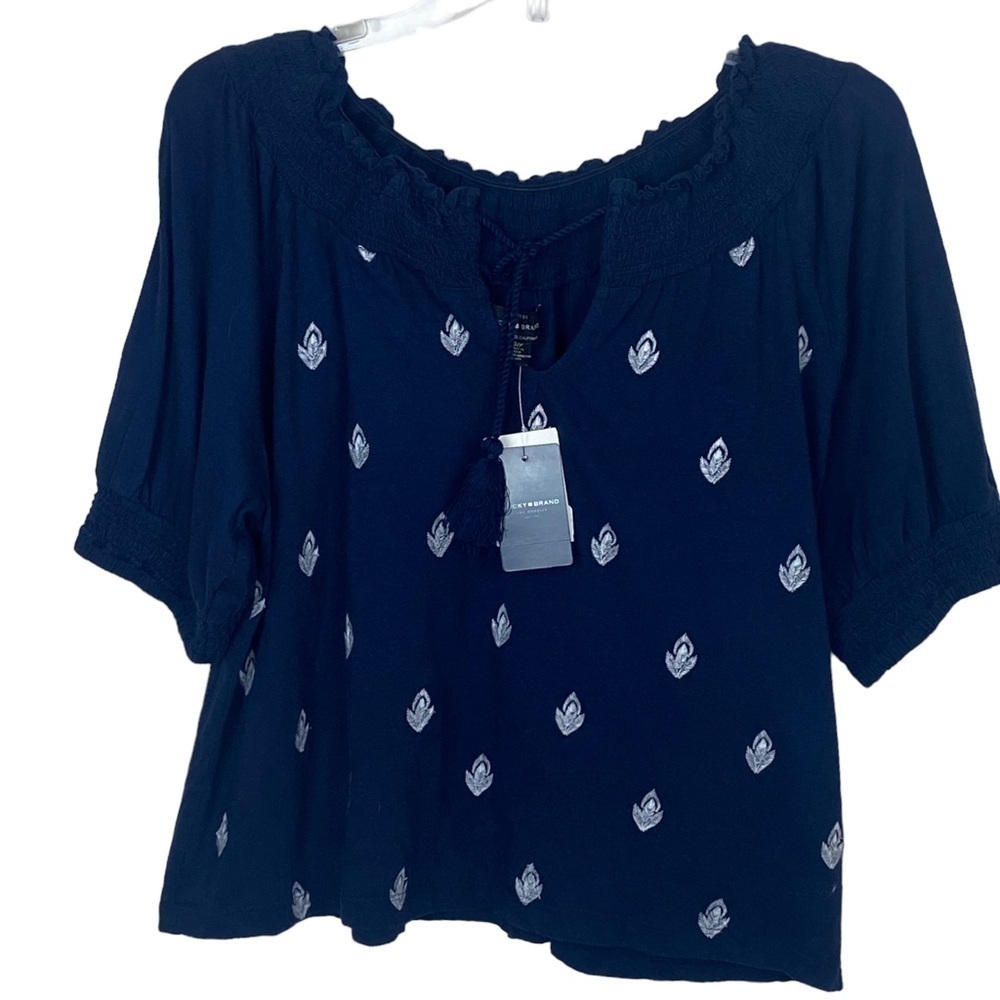 NEW Lucky Brand boho peasant top navy blue white size small short sleeve